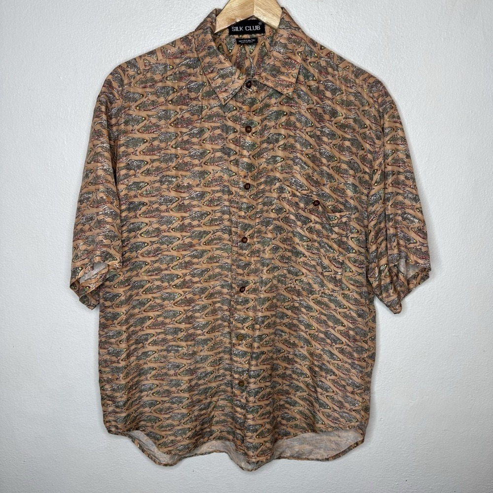Silk Club Button Up Short Sleeve Fish Shirt Chest Pocket Aloha Beach Men's Small